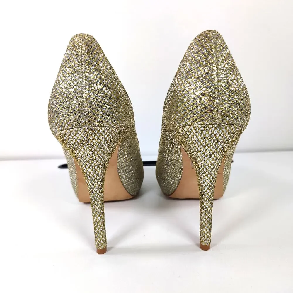 Badgley Mischka Glitter Platform Peep Toe Pumps Gold Stiletto Heels 10M